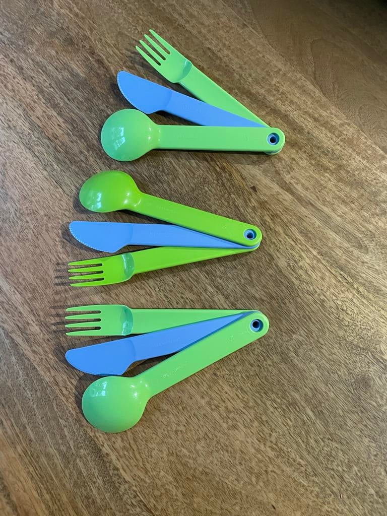 3 sets Tupperware Bestek Trio / Bestek To Go - Groen & Blauw, Ophalen of Verzenden, Zo goed als nieuw, Blauw, Overige typen
