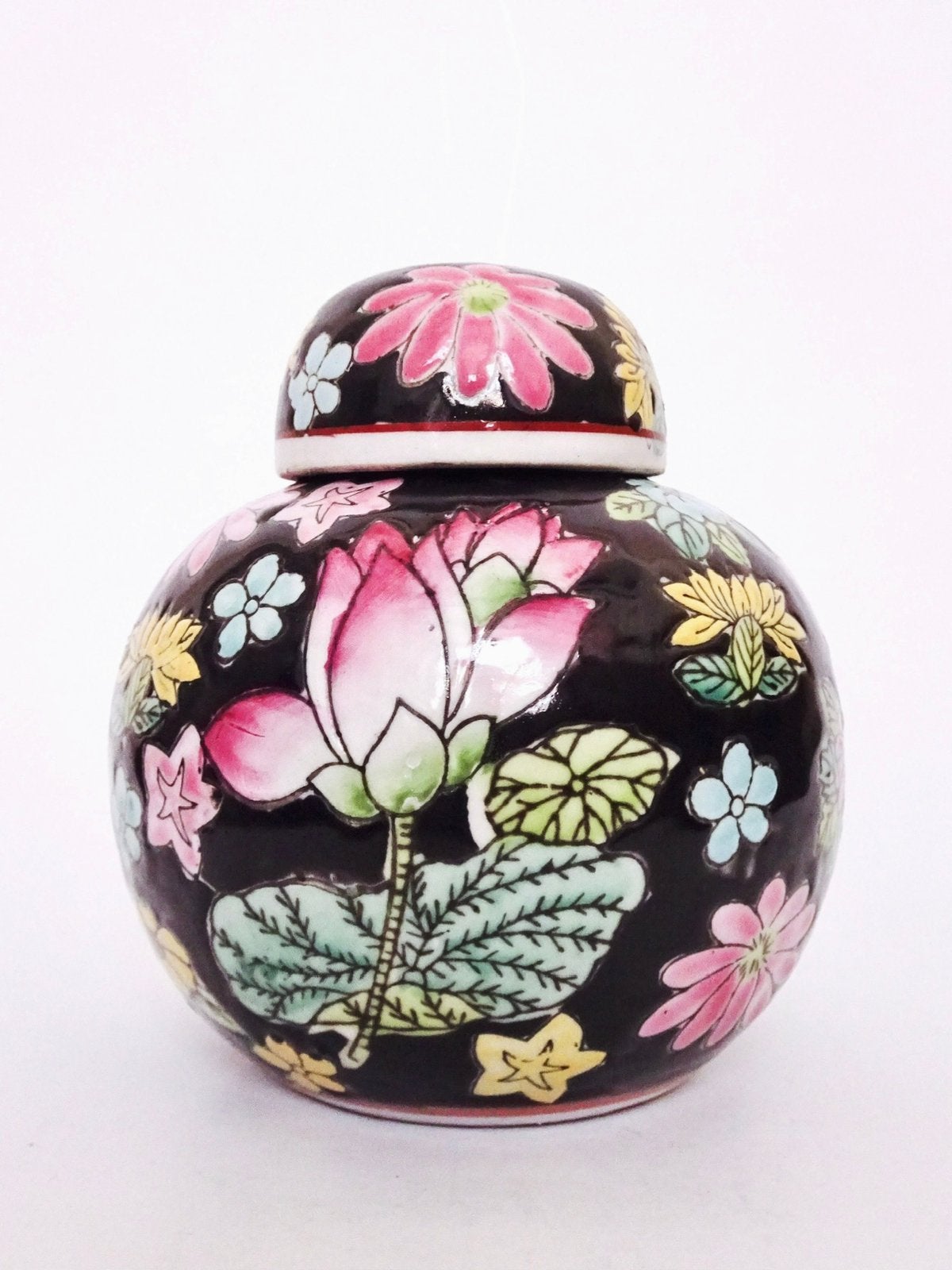 Vintage gemberpot gemberpotten gekleurd bloem bloemen zwart, Ophalen