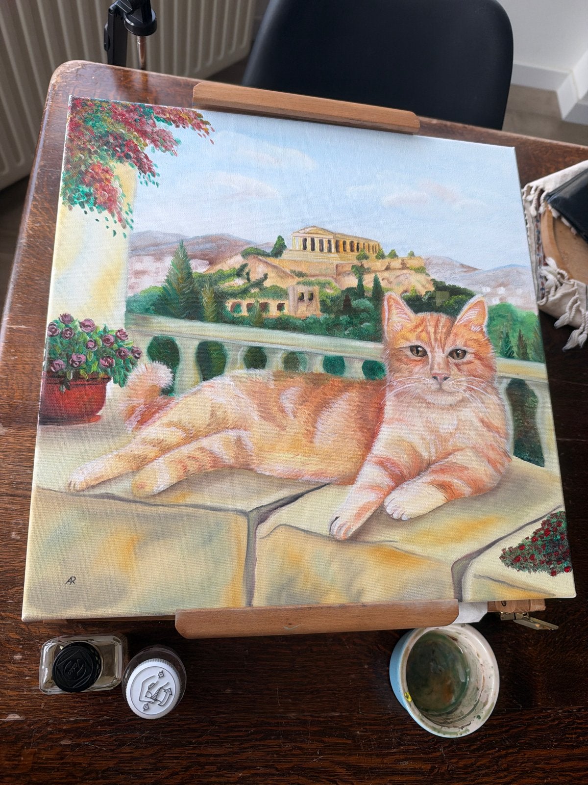 Olieverfschilderij: Kat in Grieks Landschap, 45x45 cm, Doek, Realistisch, Dieren, Ophalen of Verzenden