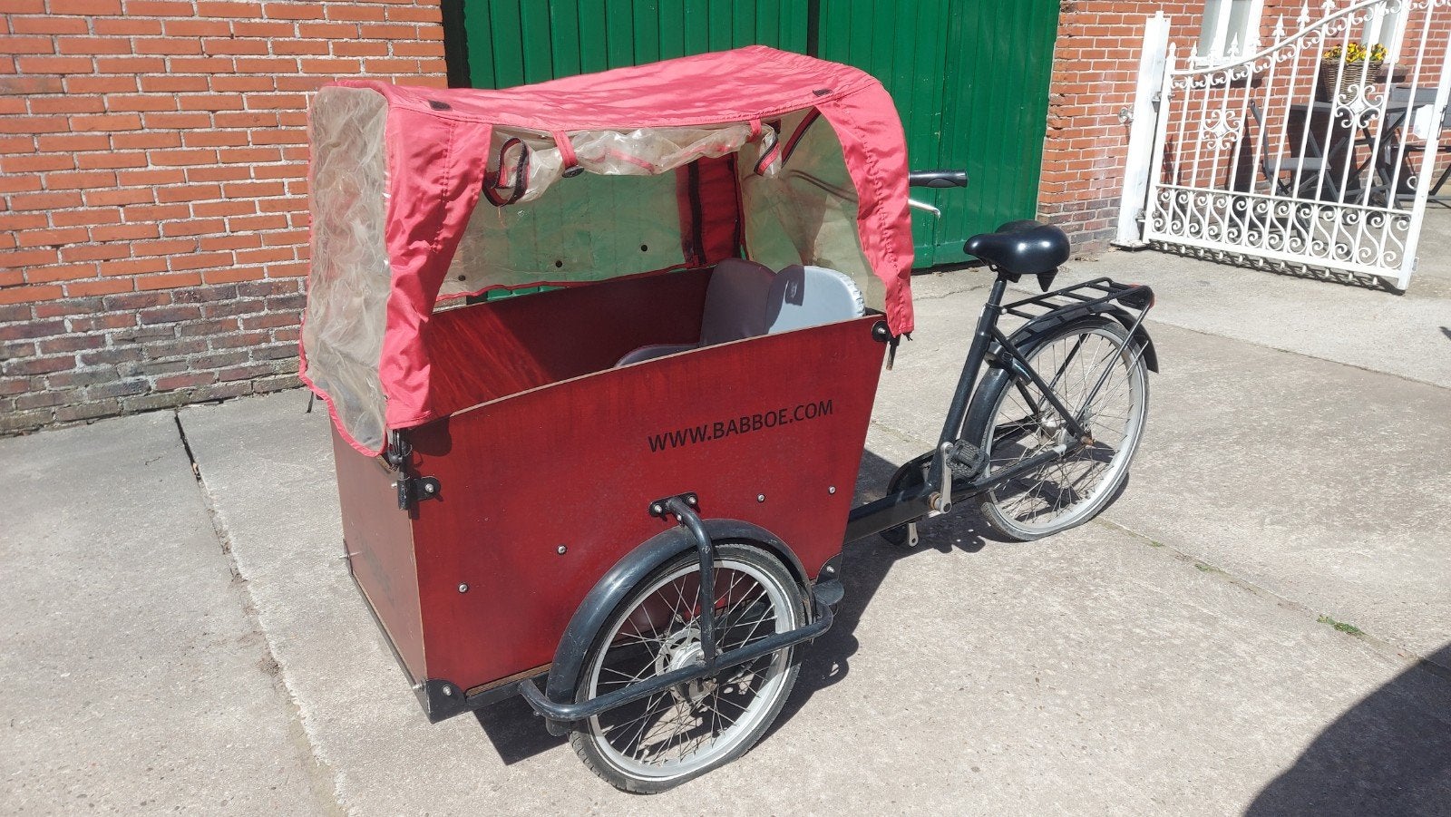 Babboe bakfiets met huif en 2 babyschalen, 4 kinderen of meer, Gebruikt, Huif, Trommelrem