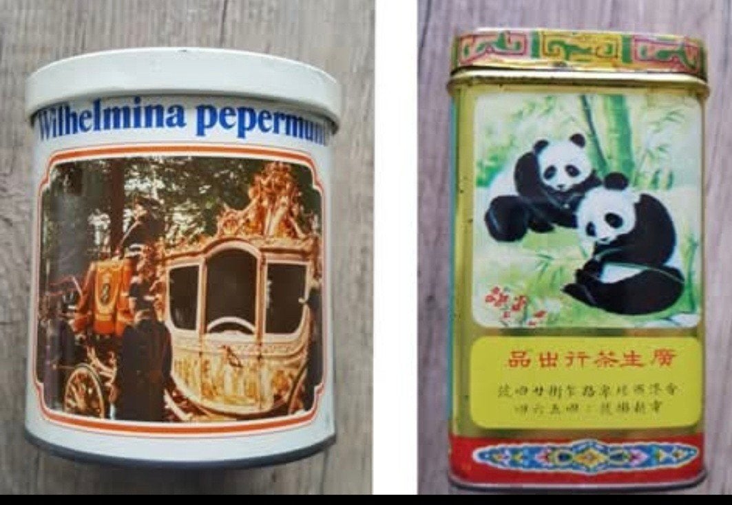 Vintage Blikken: Wilhelmina Pepermunt & Panda Lemon Tea, Ophalen of Verzenden, Gebruikt, Overige