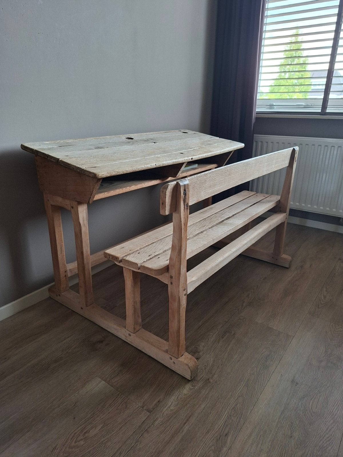 Vintage houten schoolbankje / lessenaar 110x80x70cm, Antiek en Kunst, Ophalen