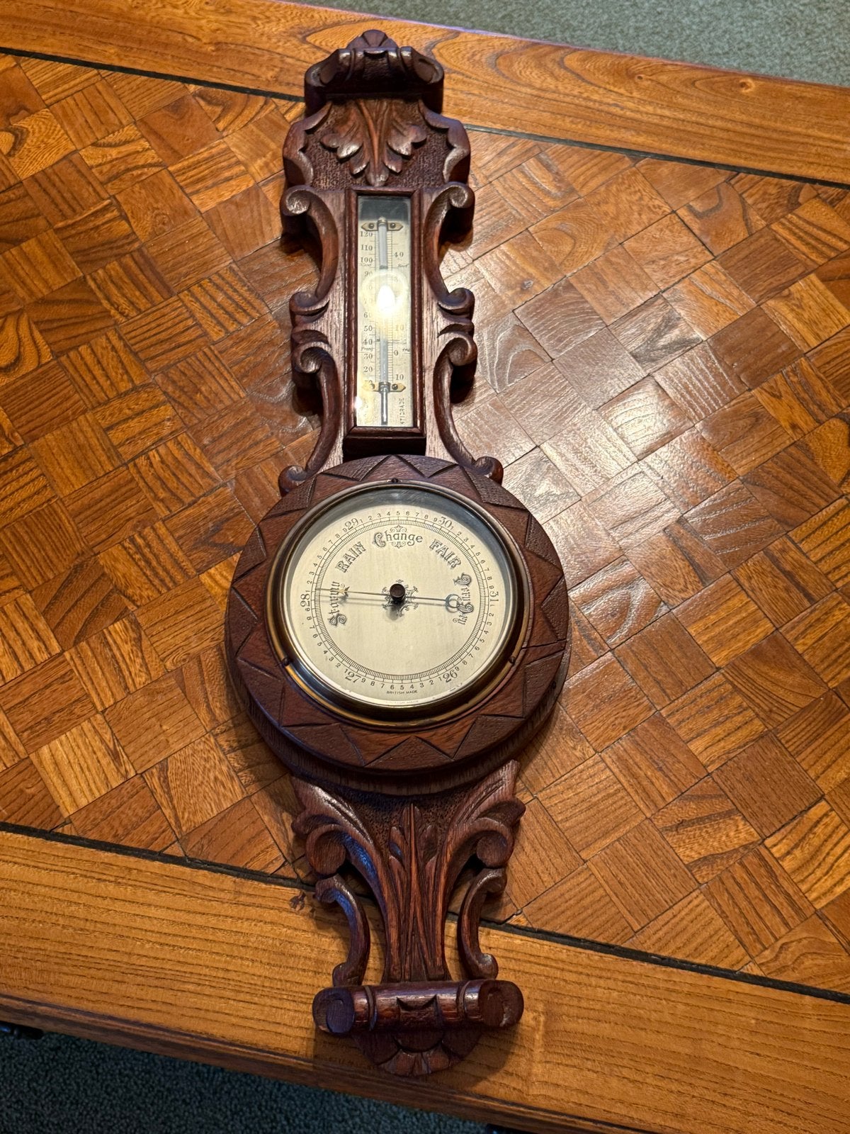Antieke Engelse Barometer met Thermometer - Houtsnijwerk, Ophalen, Gebruikt, Barometer