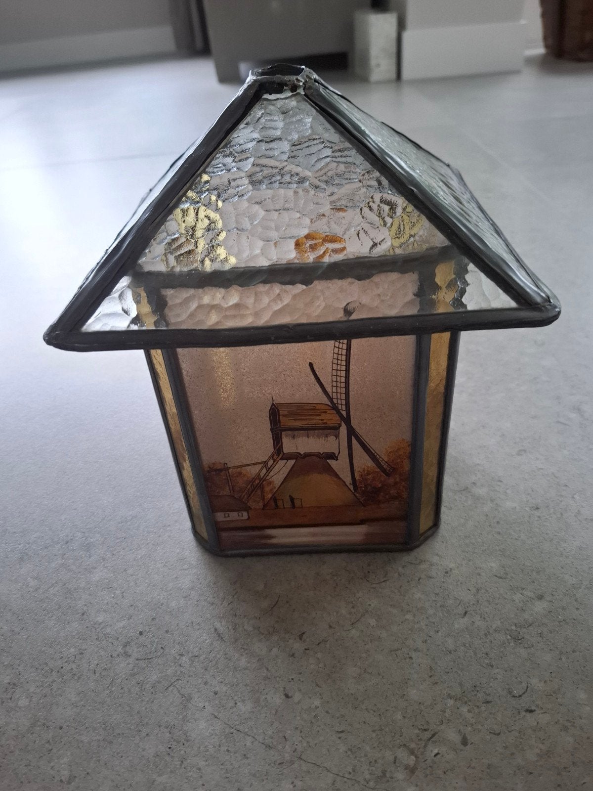 Vintage glas-in-lood lamp met molenafbeelding, Ophalen of Verzenden