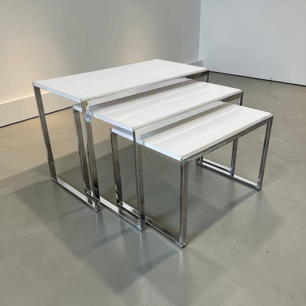 set van 3 vintage nesting tables /bijzettafels chroom/marmer, Ophalen