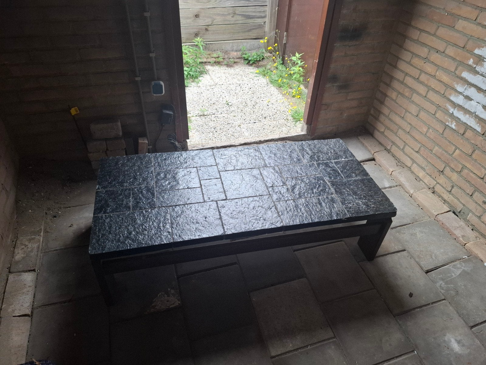 Vintage leistenen salontafel, jaren 70?, Huis en Inrichting, Tafels | Salontafels, Ophalen, Gebruikt, Overige materialen, 100 tot 150 cm