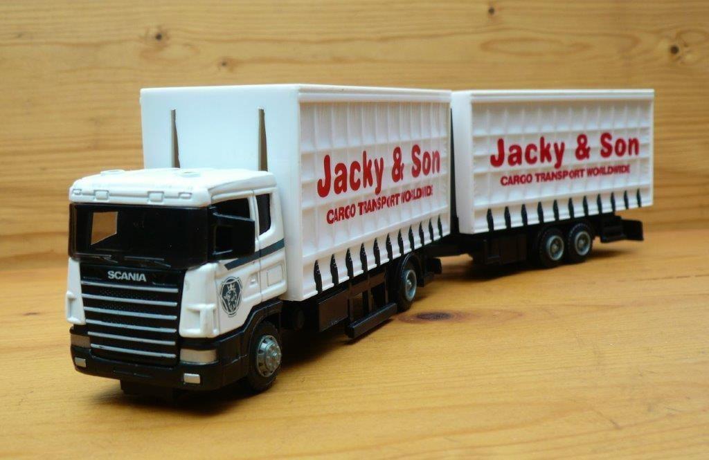 TEAMA China. Scania 124 combi wipkar Jacky and son 1/52, Ophalen of Verzenden, Zo goed als nieuw, Bus of Vrachtwagen