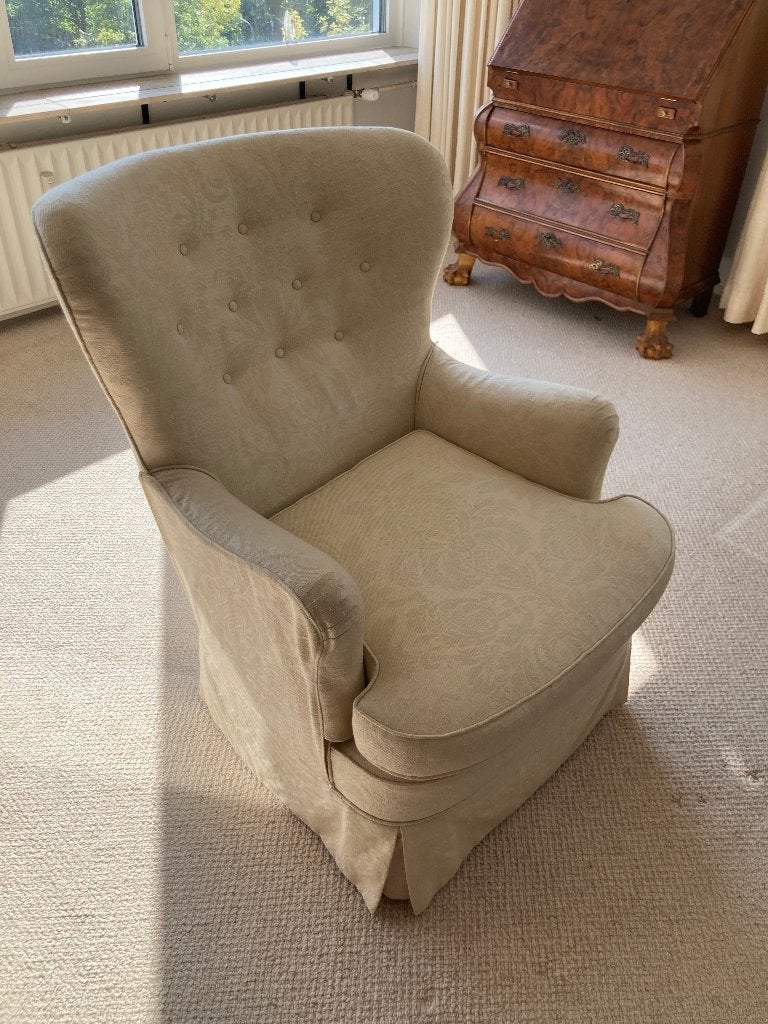 wit beige damaststof brokaatstof klassieke fauteuil stoel, Ophalen, Gebruikt, Klassiek, 75 tot 100 cm