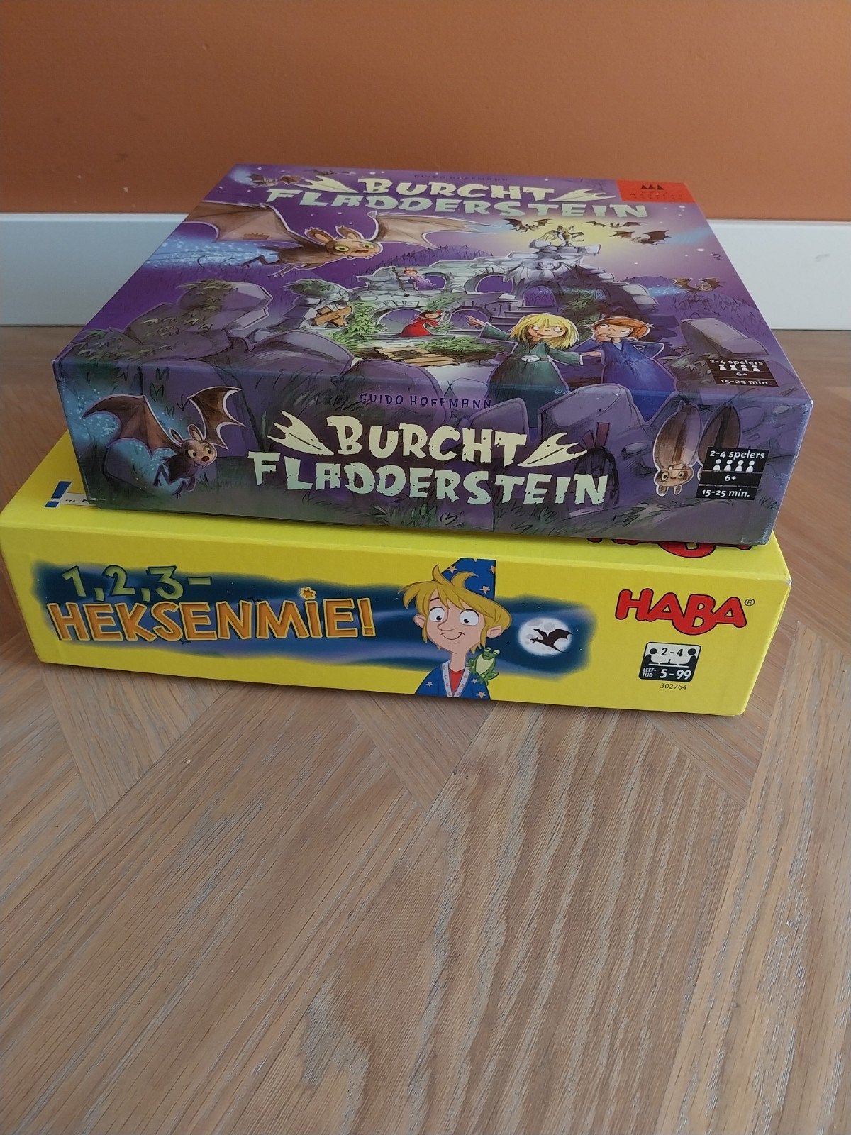 Burcht Fladderstein & 1,2,3 Heksenmie! bordspellen, Drie of vier spelers, Ophalen of Verzenden, Gebruikt, HABA