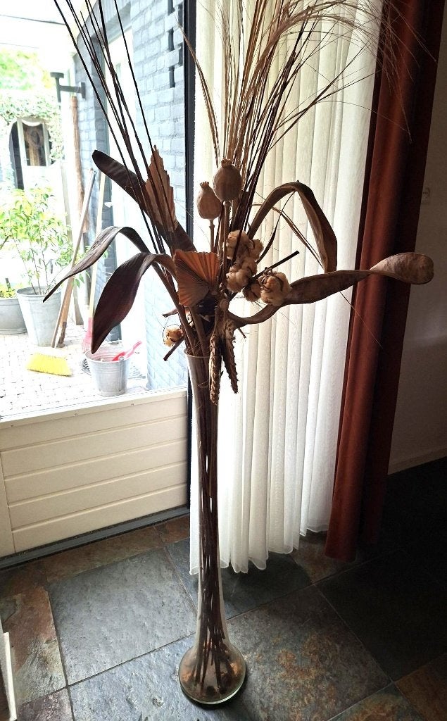 smalle vaas incl deco 95 cm hoog, Huis en Inrichting, Ophalen, Zo goed als nieuw, Inclusief decoratie, Glas