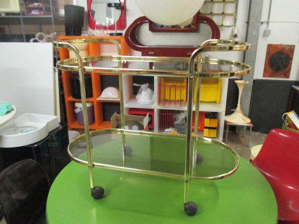 serveerwagen messing glas hollywood regency retro design, Ophalen, Vintage, Gebruikt, ?