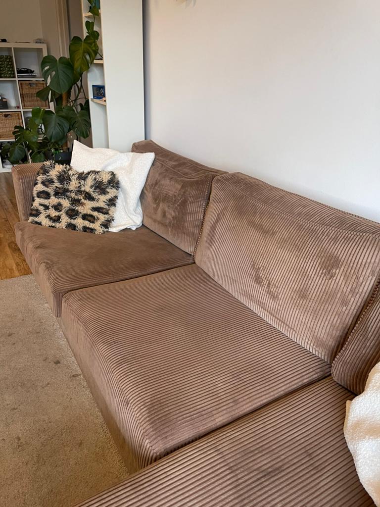 Creme kleurige hoekbank, 4,5 zitplaatsen, Ophalen, 300 cm of meer, 75 tot 100 cm, Zo goed als nieuw
