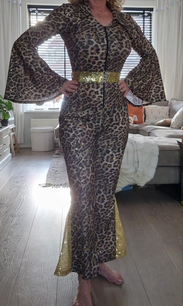 Disco Catsuit Panterprint met Gouden Glitters - Maat S, Overige kleuren, Ophalen of Verzenden, Zo goed als nieuw, Maat 36 (S)