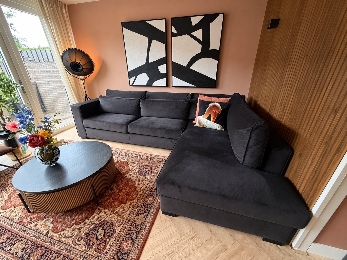 Grote zwarte hoekbank lounge - Velvet - Zo goed als nieuw, Ophalen, Zo goed als nieuw, Stof