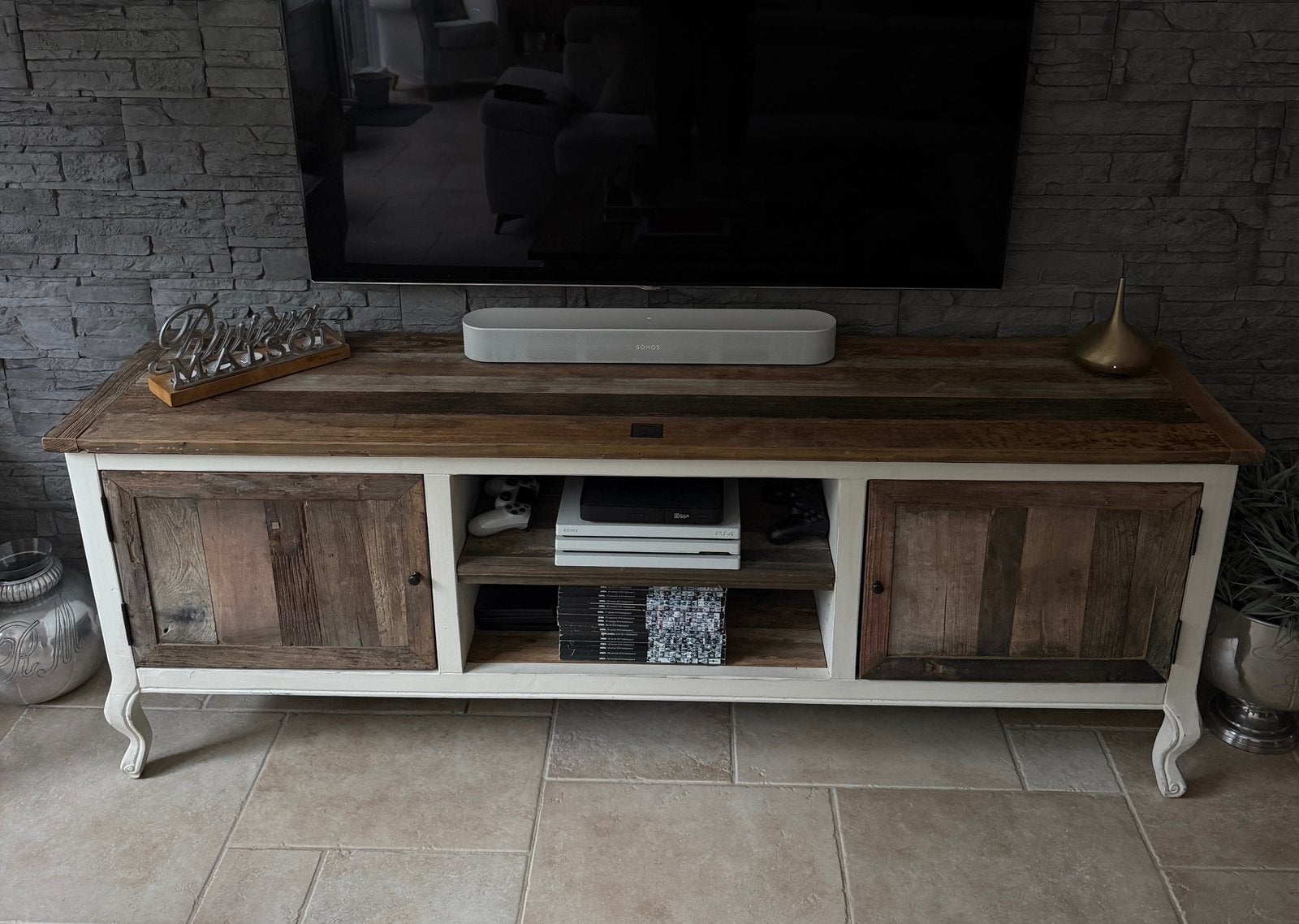 Rivièra Maison Driftwood TV-meubel – 180 cm – Wit/Hout, Ophalen, 150 tot 200 cm, Zo goed als nieuw, Minder dan 100 cm