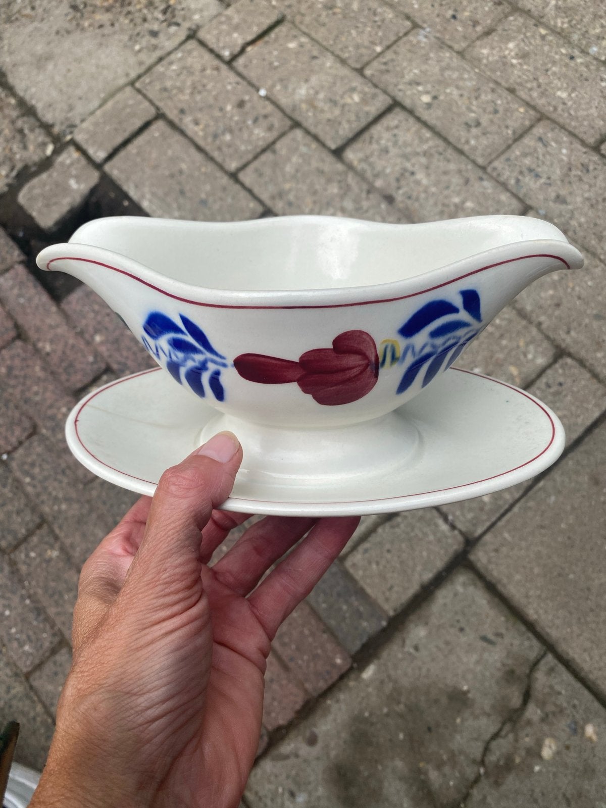 Antieke sauskom met schotel - Boch Frères België, Ophalen of Verzenden