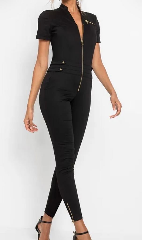 Zwarte katoenen jumpsuit met gouden ritsjes - Maat 46/48, Kleding | Dames, Jumpsuits, Ophalen of Verzenden, Gedragen, Maat 46/48 (XL) of groter