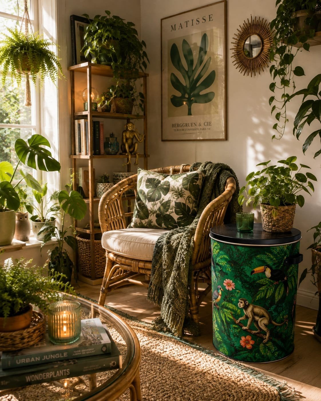 Decoratieve opbergtrommel / kruk - Botanische jungle print, Ophalen, Groen, Boho, Nieuw