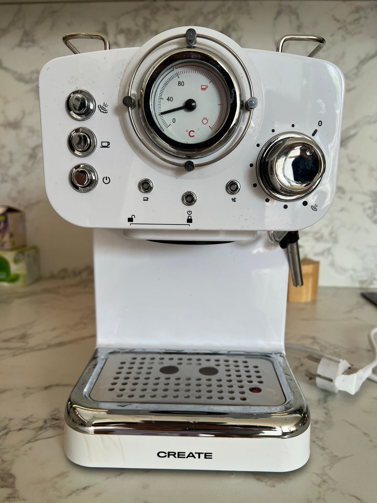 Witte CREATE Espressomachine met Stoompijpje, Gebruikt, Espresso apparaat, Gemalen koffie, 1 kopje