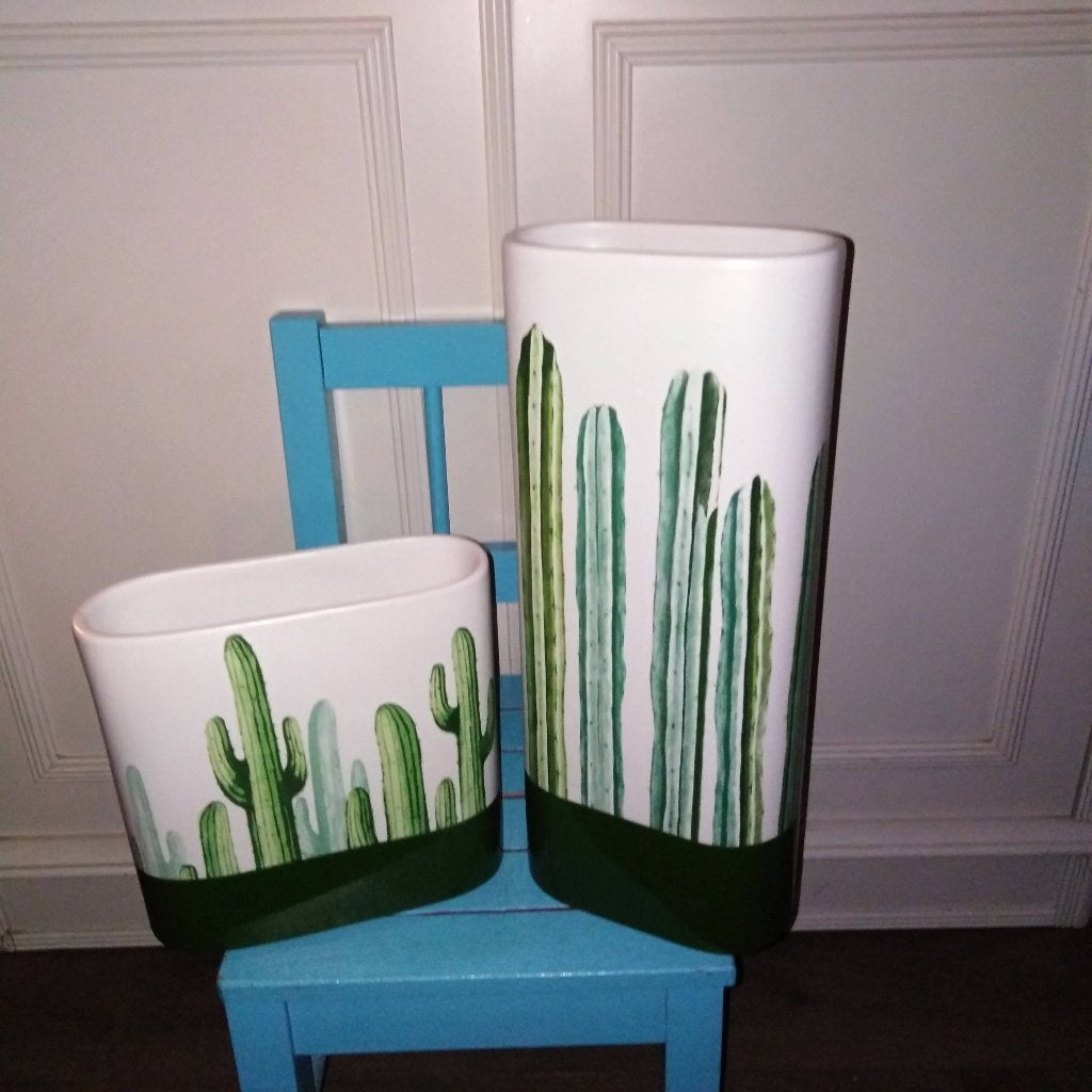 Vazen met cactus afbeelding van aardewerk 2 stuks, Huis en Inrichting, Ophalen, Gebruikt, Meerkleurig, Steen/keramiek