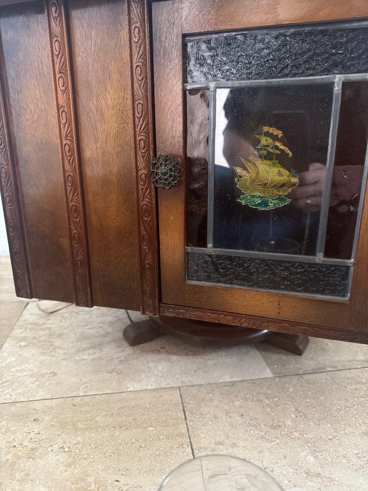 Vintage Houten Drankkastje met Glas-in-lood en Verlichting, Ophalen of Verzenden