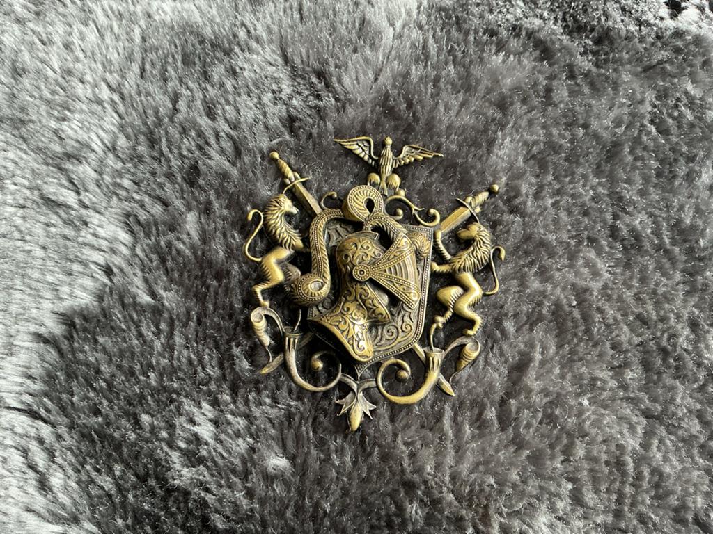Vintage Broche Wapen met Leeuwen en Zwaarden, Brons, 4 tot 7 cm, Gebruikt, Ophalen of Verzenden