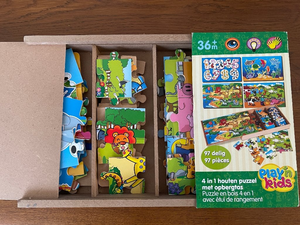 "4 in 1 Houten Puzzel" in Houten Doos, Ophalen of Verzenden, Meer dan 50 stukjes, Zo goed als nieuw