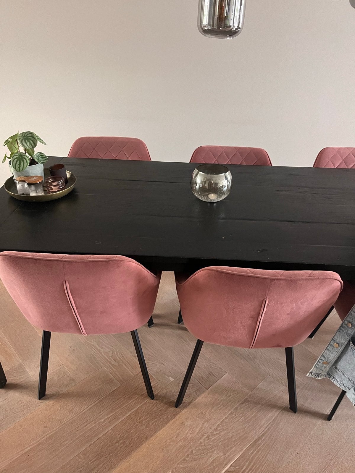 7 oudroze velours eetkamerstoelen + 2 extra zittingen, Huis en Inrichting, Stoelen, Ophalen, Overige kleuren, Zo goed als nieuw