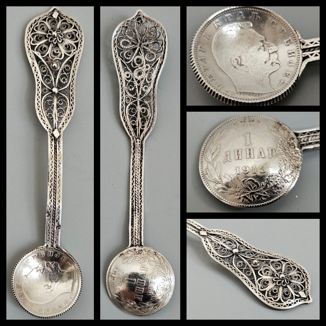 antiek zilver lepeltie met filigrain en Servische munt 1915, Ophalen of Verzenden, Zilver