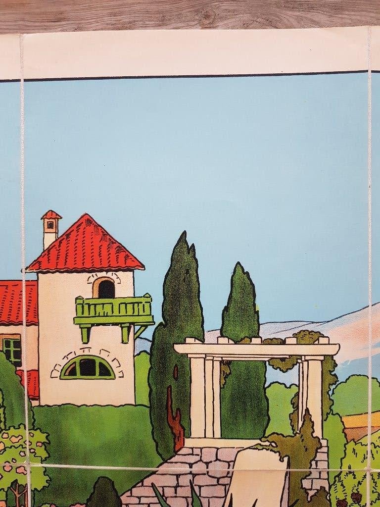 Druivenpluk oude schoolplaat uit Frankrijk litho op canvas., Antiek en Kunst, Origineel, Ophalen of Verzenden, Landschappen, Lithografie