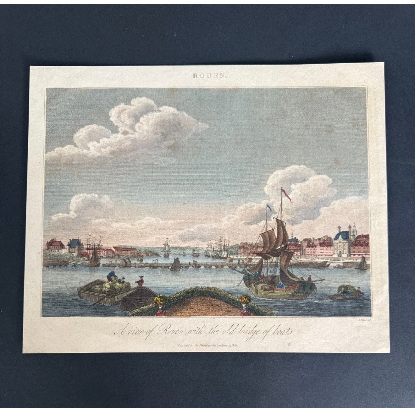 Antieke Handgekleurde Gravure Rouen Frankrijk Oude Brug 1820, Handgekleurd, 1800 - 1899, Stadsgezicht, Ophalen of Verzenden
