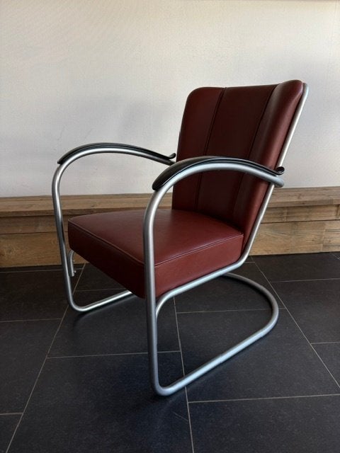 Gispen 412 fauteuil, zijdemat frame, bruin leder, Gebruikt, Design, 75 tot 100 cm, Leer