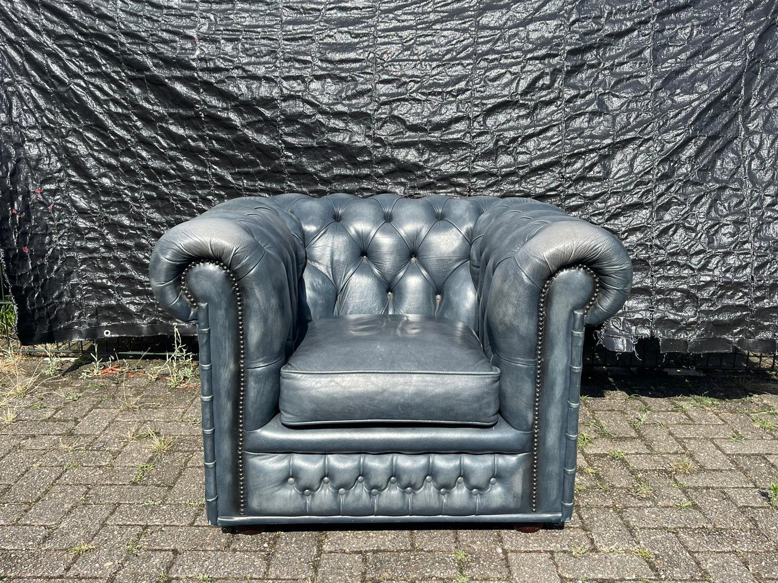 Chesterfield club fauteuil jeans blauw, Ophalen, Zo goed als nieuw, 75 tot 100 cm