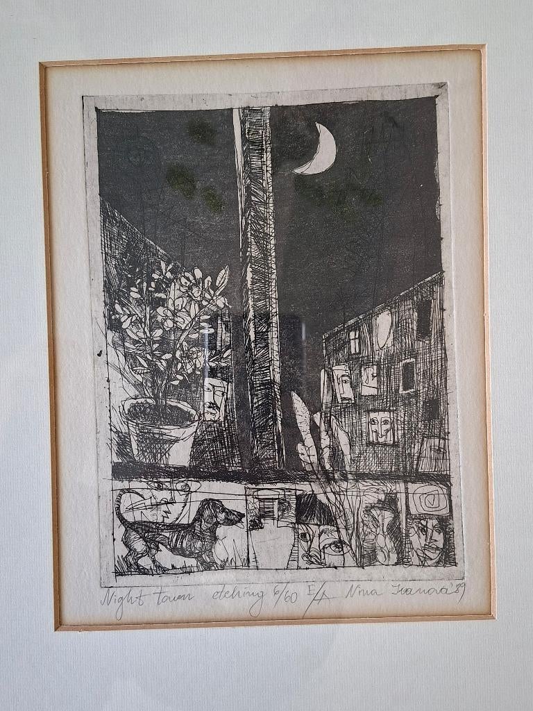 Ets ‘Night town’ Nina Ivanova in lijst, Ophalen of Verzenden, Blanco verso