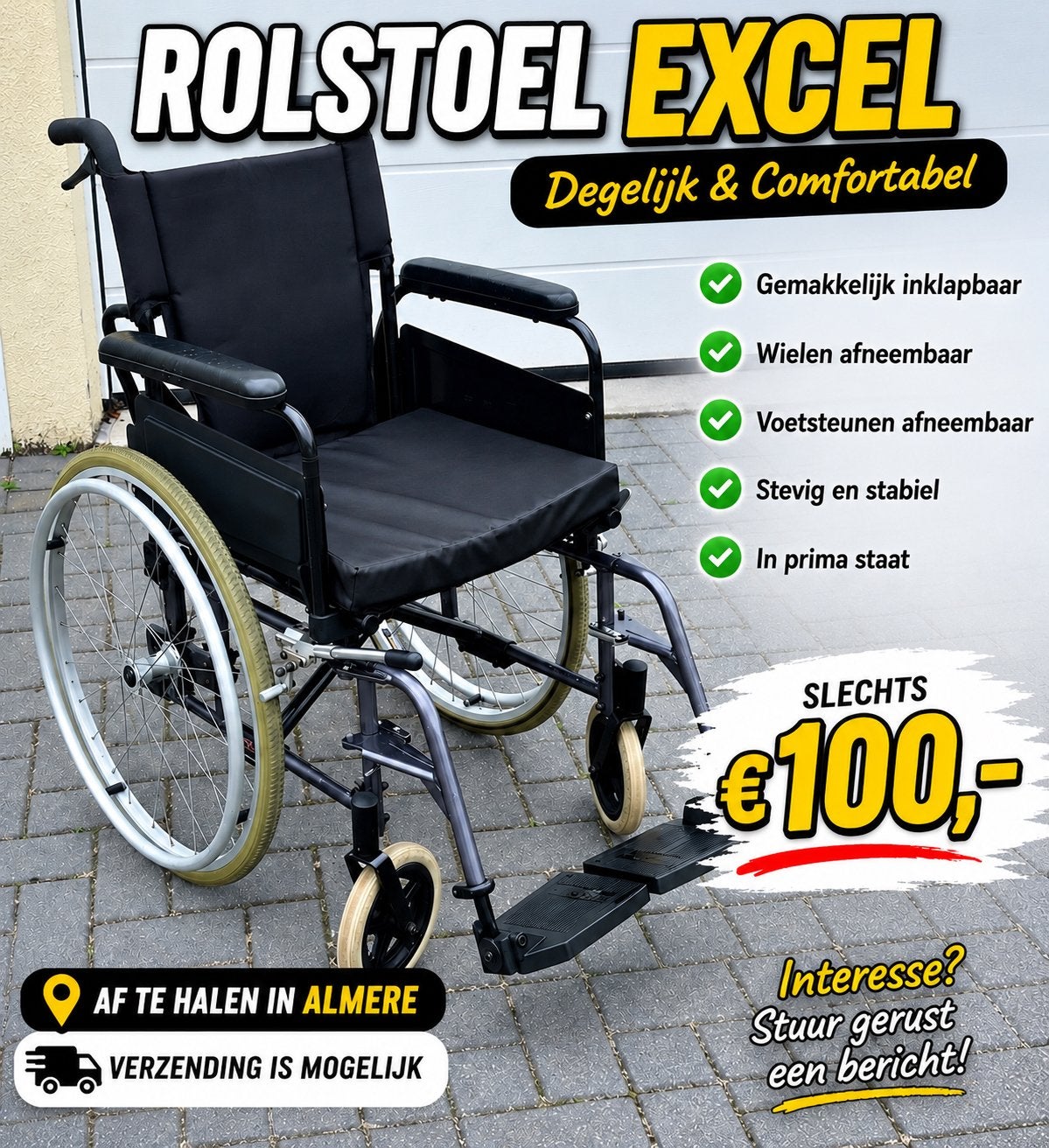 Excel inklapbare Rolstoel nu €100,00., Excel, Meer info ☎️0️⃣6️⃣➖2️⃣0️⃣9️⃣0️⃣1️⃣0️⃣4️⃣0️⃣, Inklapbaar, Ophalen of Verzenden