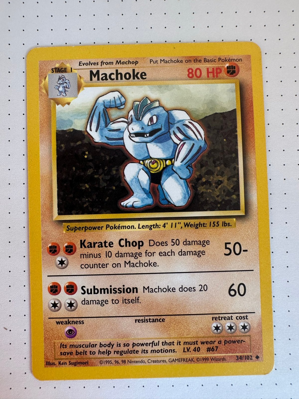Machoke Pokémon kaart 1999 - Basis Set - Zeldzaam, Hobby en Vrije tijd, Verzamelkaartspellen | Pokémon, Ophalen of Verzenden, Gebruikt