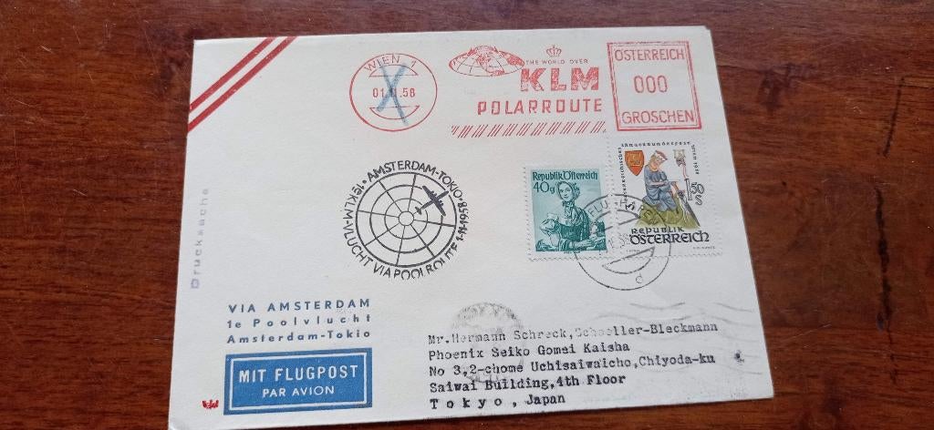 UNIEK verzamel KLM 1e poolvlucht 1958 naar Japan Oostenrijk, Ophalen of Verzenden, Beschreven, Europa