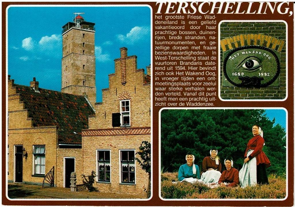 Ansichtkaart Terschelling, 3-luik, klederdracht, Brandaris, Ophalen of Verzenden, 1980 tot heden, Gelopen, Waddeneilanden