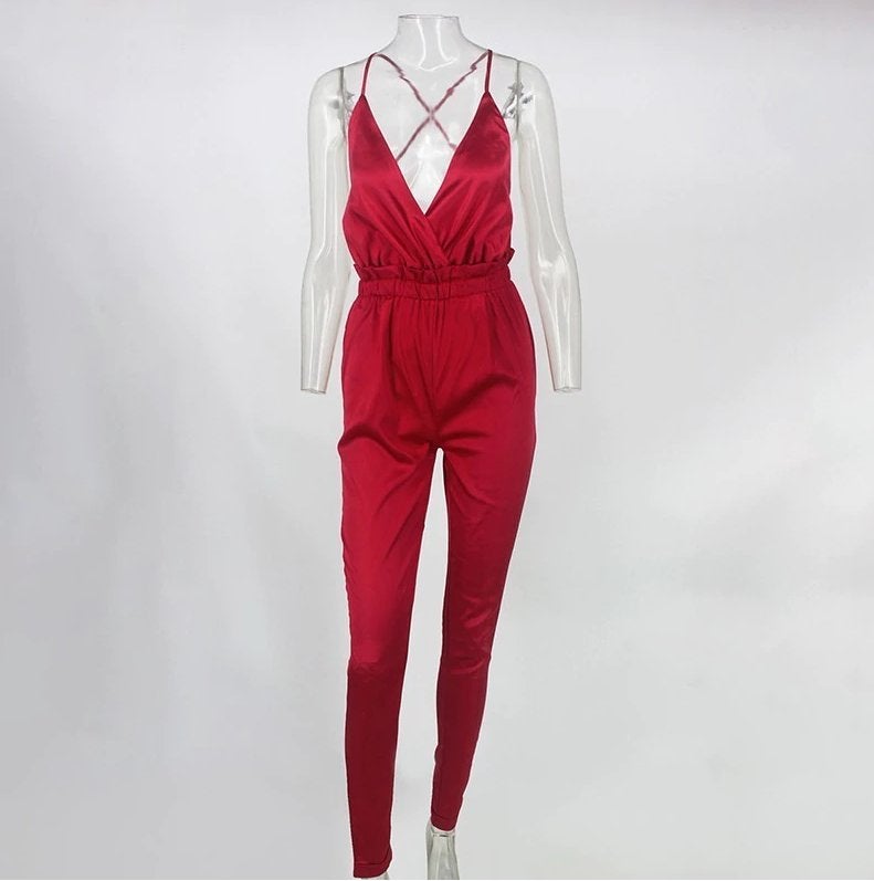 Rode jumpsuit romper satijnen look zomer vrouwen dames, Verzenden, Nieuw, Maat 38/40 (M), Rood