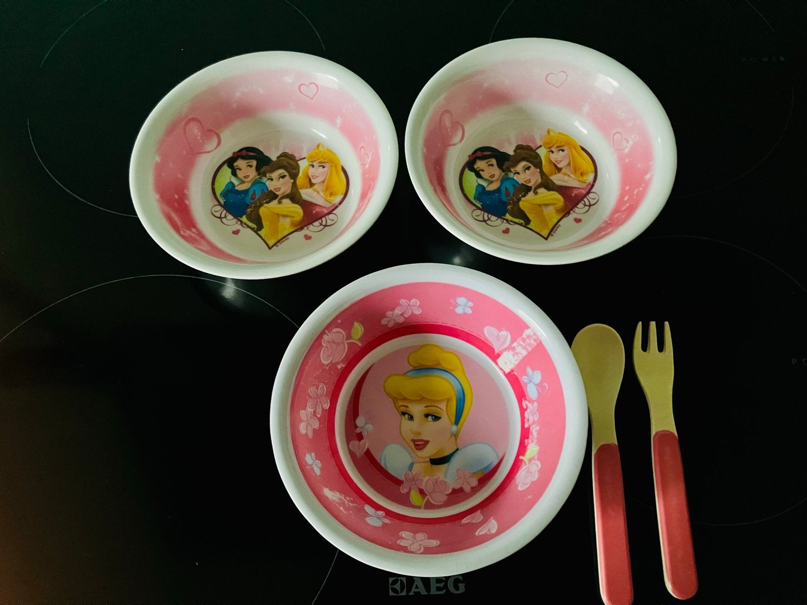 3 Disney Prinsessen kinderkommen + bestekje, Verzenden, Zo goed als nieuw