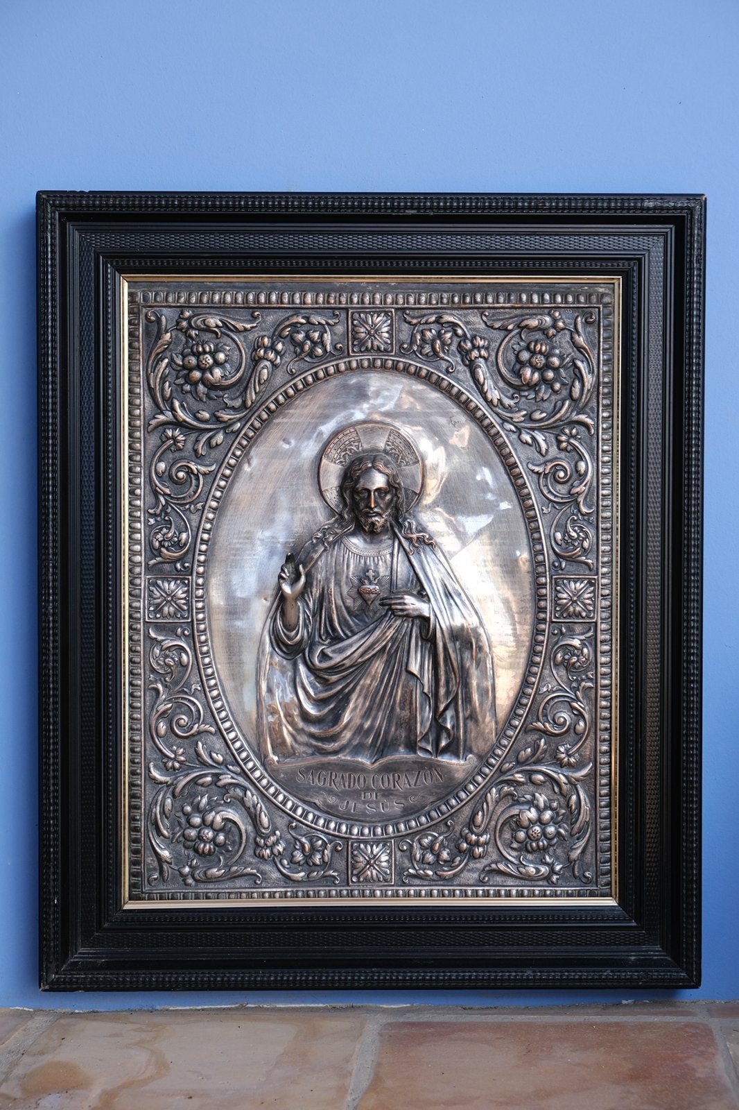 Relief verzilverd van heilighart jesus voorstelling., Ophalen of Verzenden