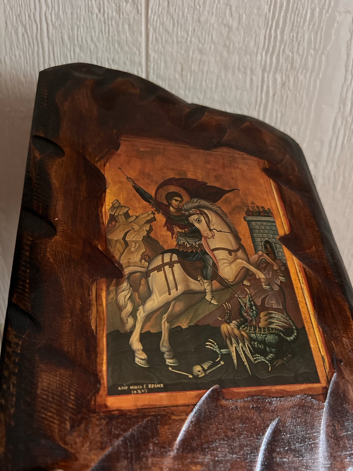 Houten Decoratiebord Johannes en de Draak, Antiek en Kunst, Ophalen