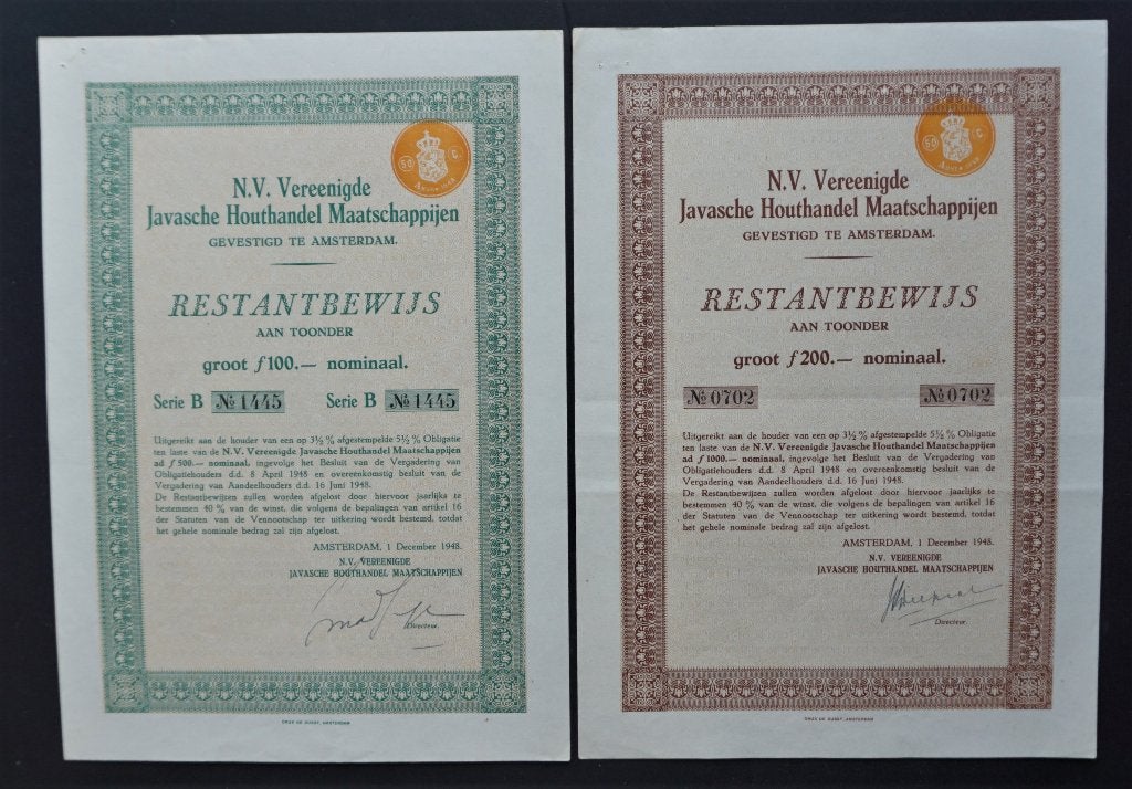 Vereenigde Javasche Houthandel Maatschappijen (Ned.Indie) 2x, Verzenden, 1920 tot 1950, Aandeel
