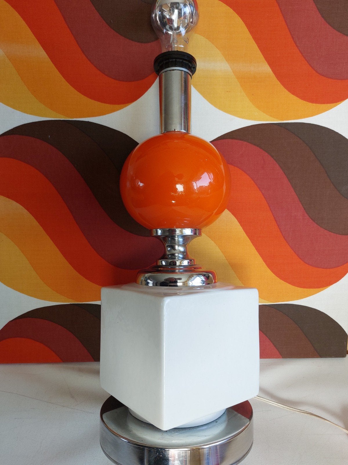 Vintage Tafellamp Oranje Bol Wit Kubus Chroom Jaren 70, Ophalen of Verzenden
