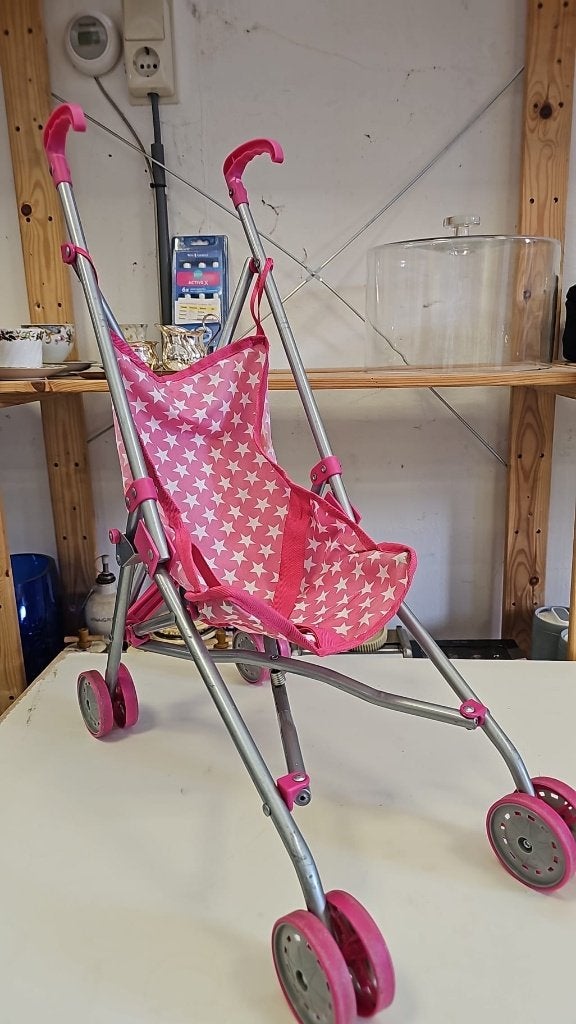 Roze poppenbuggy met sterrenprint, Gebruikt, Nvt, Nvt, Nvt