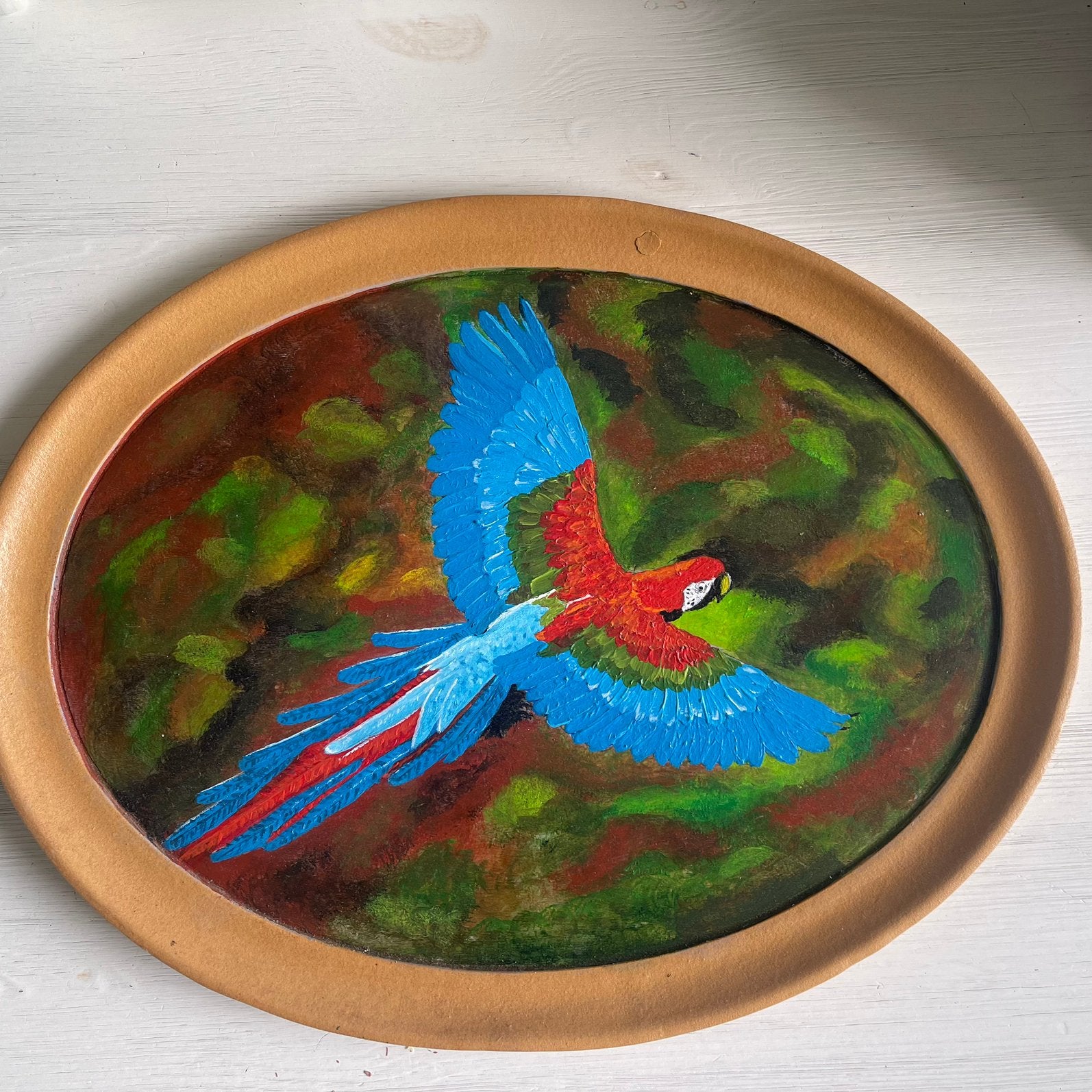Kleurrijk Papegaai Schilderij op  dienblad Triplex - 45x35cm, Hout, Dieren, Olieverf, Gelakt/vernis