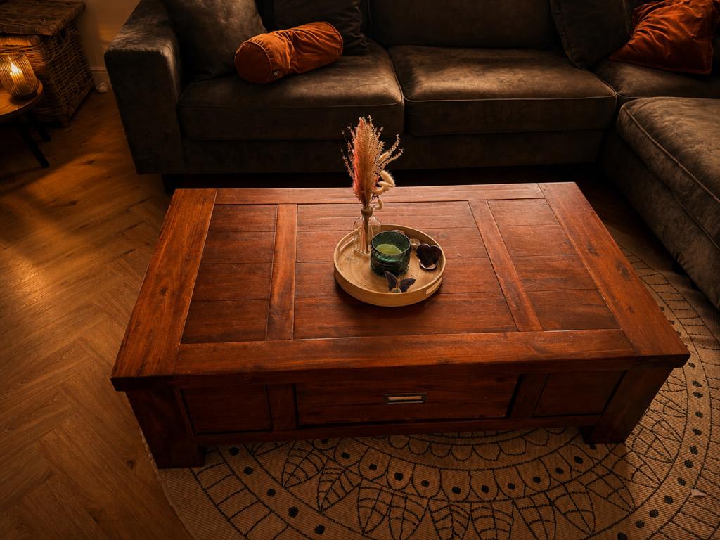 Prachtige houten salontafel – kersenhout look, Ophalen, Gebruikt, 100 tot 150 cm, 50 tot 100 cm