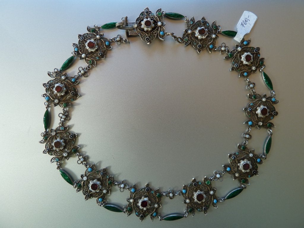 Antiek zilveren collier Ulm ca. 1860, granaat + emaille izgs, Verzenden, Zilver, Ketting, Met edelsteen