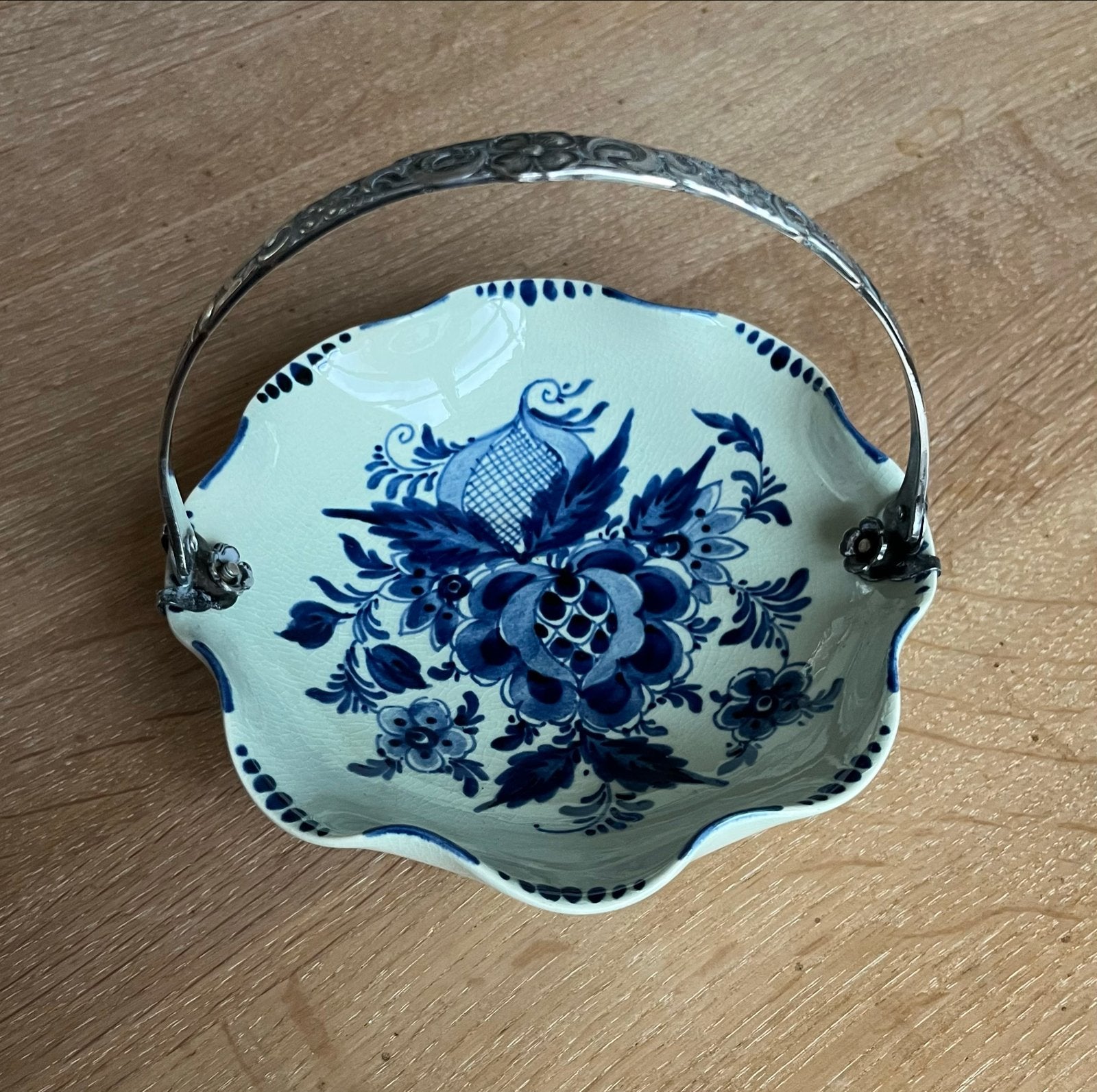 Antieke Delfts Blauw Fruitschaal met Zilveren Hengsel, Ophalen