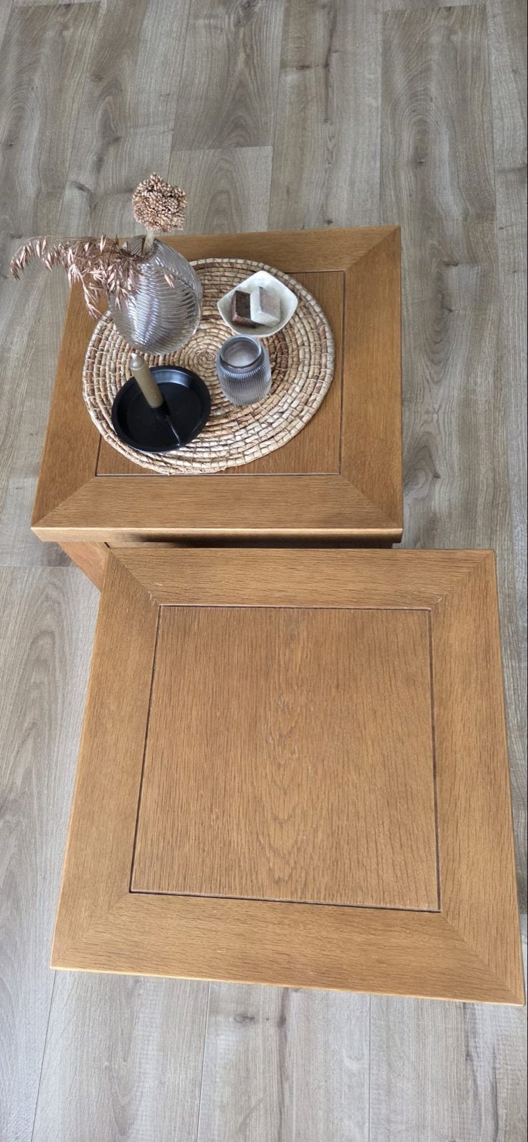 3 massief eiken bijzettafels - 45x45x49 cm, Minder dan 55 cm, Vierkant, Zo goed als nieuw, Hout